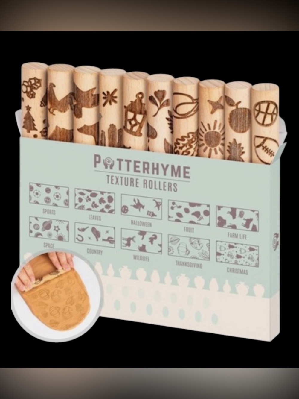 Potterhyme 10-Piece Wooden Clay Texture Roller Set Beech Wood NEW NIP Sealed